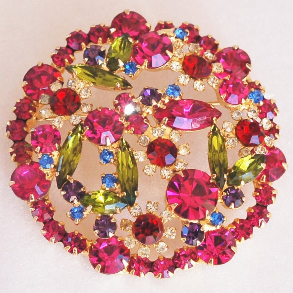 Juliana D&E Floral Fuchsia  Rhinestone Brooch Pin
